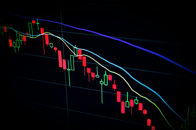 Candlestick chart on a digital screen with red and green bars against a dark background